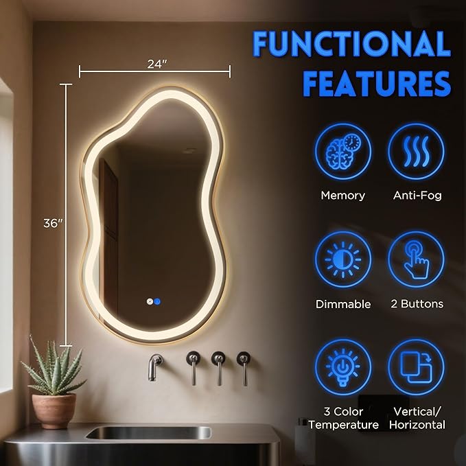 Irregular Led Backlit Bathroom Mirror -24"x36" Single Piece, Asymmetrical Cloud - Image 2