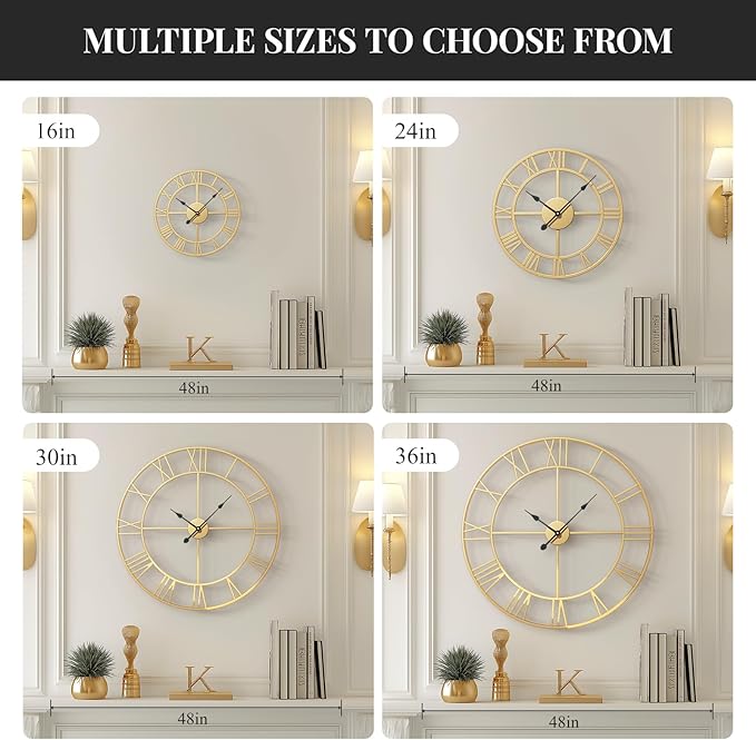 Cuspin 36 Inch Large Gold Wall Clock, Battery Operated Silent Non Ticking Metal - Image 6