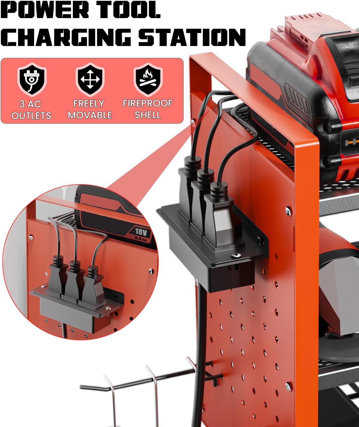 Heavy-Duty 48" Wall Mount Power Tool Organizer with Charging Station – 3-Tier Garage Organization Rack for Drills, Wrenches & Tools – Includes 16 Hooks & Pegboard Sides
