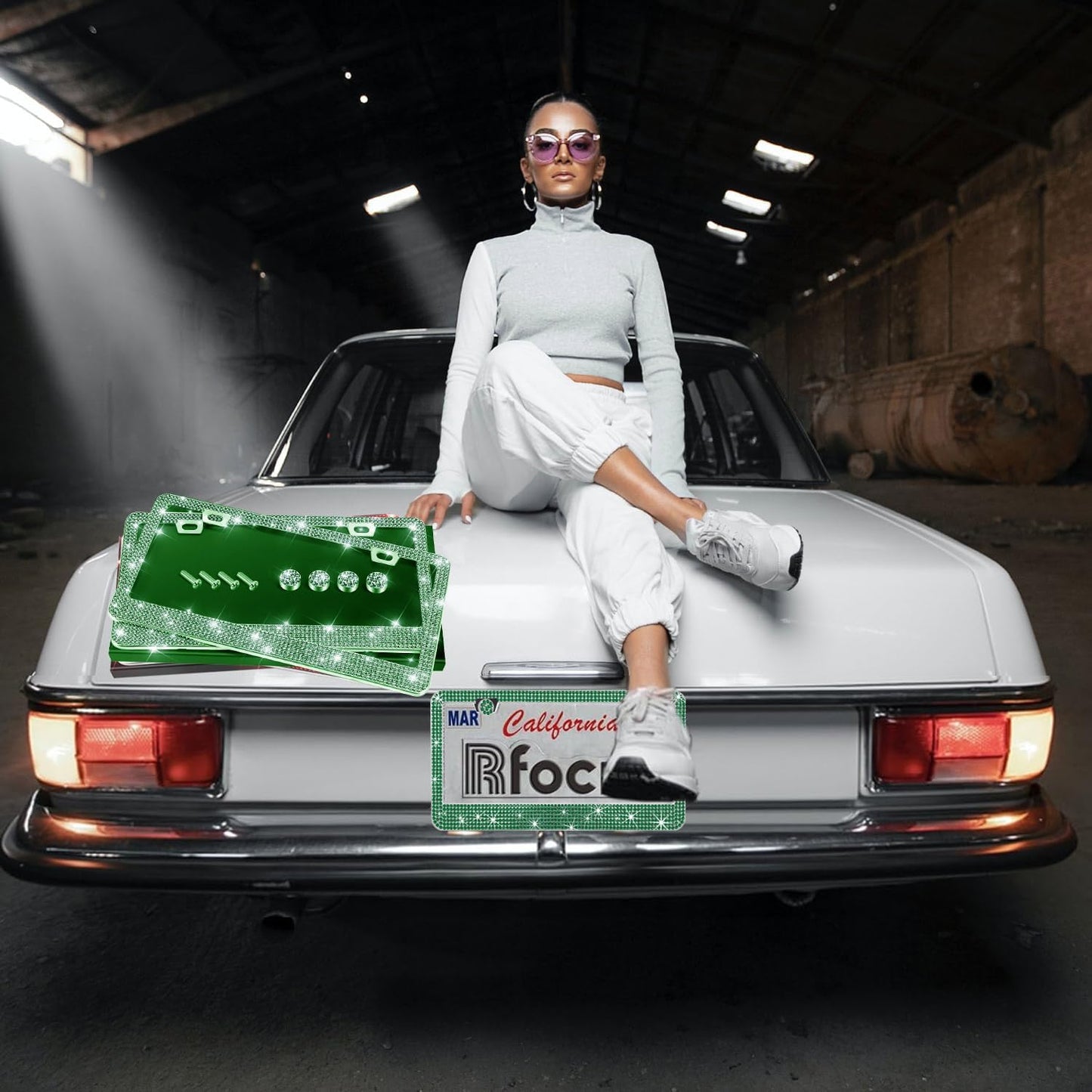 2 Pack License Plate Frames for Women, Sparkly Rhinestone Diamond Car Accessories with Glitter Crystal Caps (Green(2PCS))