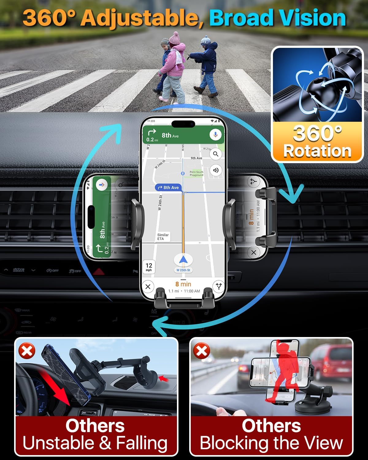 HTU 【Military-Grade Car Phone Holder,【Strongest & Longest Steel-Hook】 Car Vent Mount, Handsfree 360° Adjustable Automobile Cradle Air Clip Stand for iPhone 16 15 14 13 Pro Max Samsung,Sapphire Blue