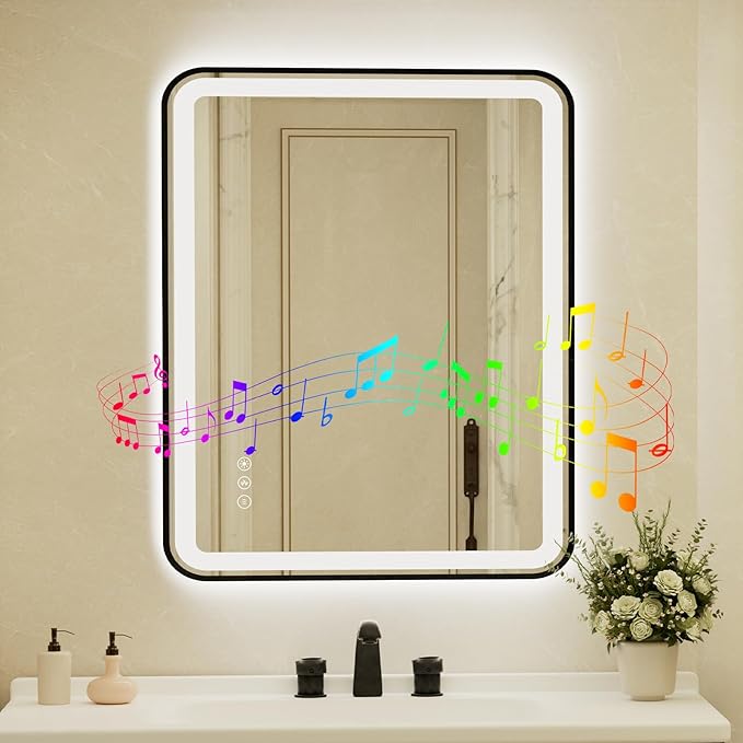 32x40 Inch Black Framed LED Bathroom Mirror by Unknown
