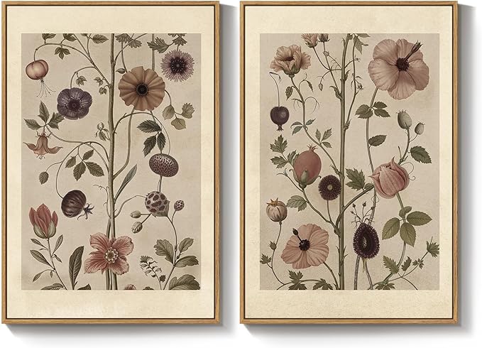 Large Framed Vintage Botanical Wall Art Set of 2, Neutral Antique Floral Canvas - Image 9