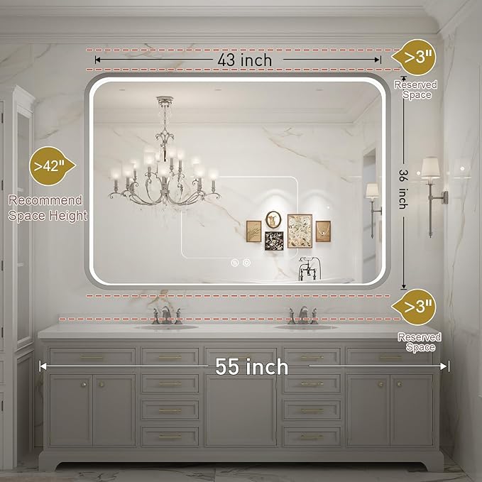 LED Bathroom Mirror with Lights, 43x36 Inch Brushed Silver Framed Lighted - Image 6