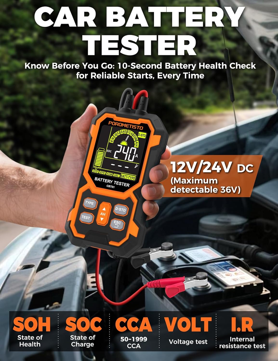 12V 24V Car Battery Tester, POROMETISTO CBT01 Automotive Battery Checker, Auto Battery Voltage Internal Resistance Tester, Battery Analyzer Tester for Car Truck Motorcycle SUV Boat ATVs RVs