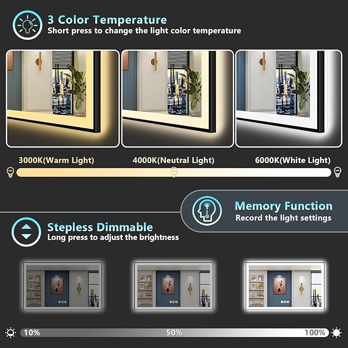 68x36 Black Framed LED Bathroom Mirror - Image 5