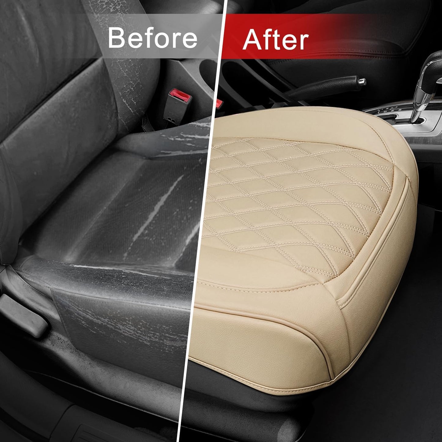 1 Pack Leather Front Car Seat Cover Bottom Car Seat, Anti-Slip and Full Wrap Driver Car Seat Protectors, Luxury Waterproof Bottom Auto Seat Cushion Pad Mat for Most Vehicles(Beige)