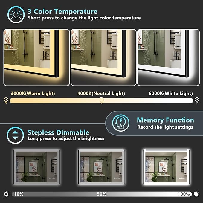 48x32 Black Framed LED Bathroom Mirror - Image 5