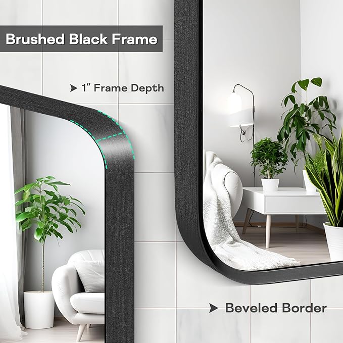 Wall Mount Mirror for Bathroom, Brushed Black Metal Framed Large Rounded Corner - Image 2