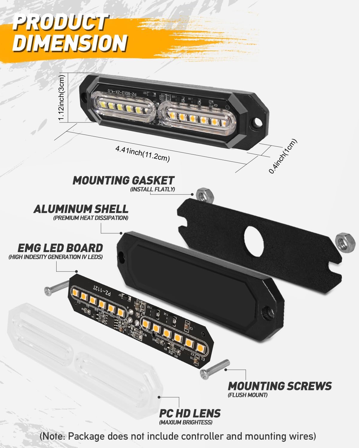 HLauto 1200T Emergency Strobe Grille Lights: 8pcs 12 LED Sync Feature Safety Warning Flashing Lights, Ultra Slim Surface Mount Hazard Caution Light for Trucks, Vehicles, Car, ATV, UTV (Amber White)