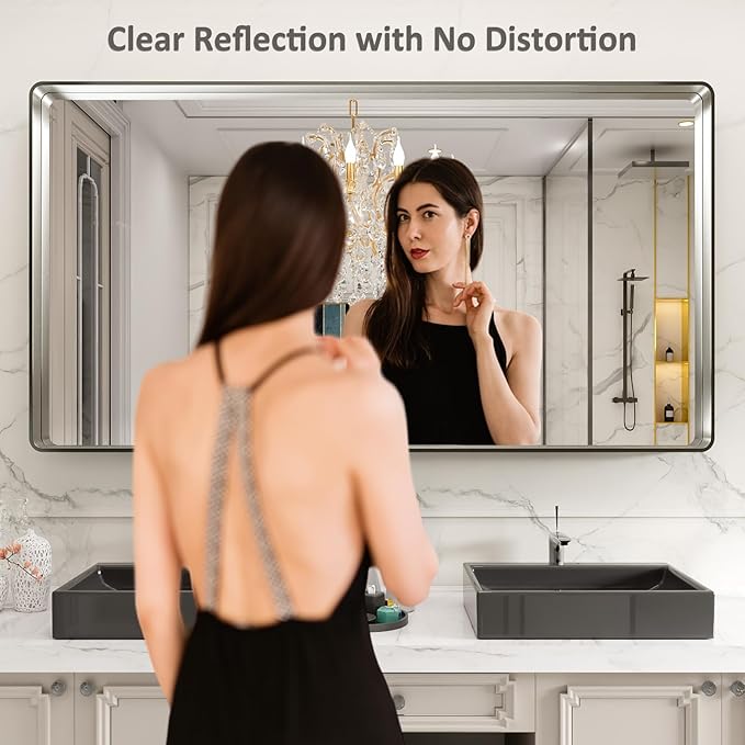 LOAAO 72X32 Inch Brushed Nickel Bathroom Mirror, Rounded Rectangle Silver Metal - Image 2