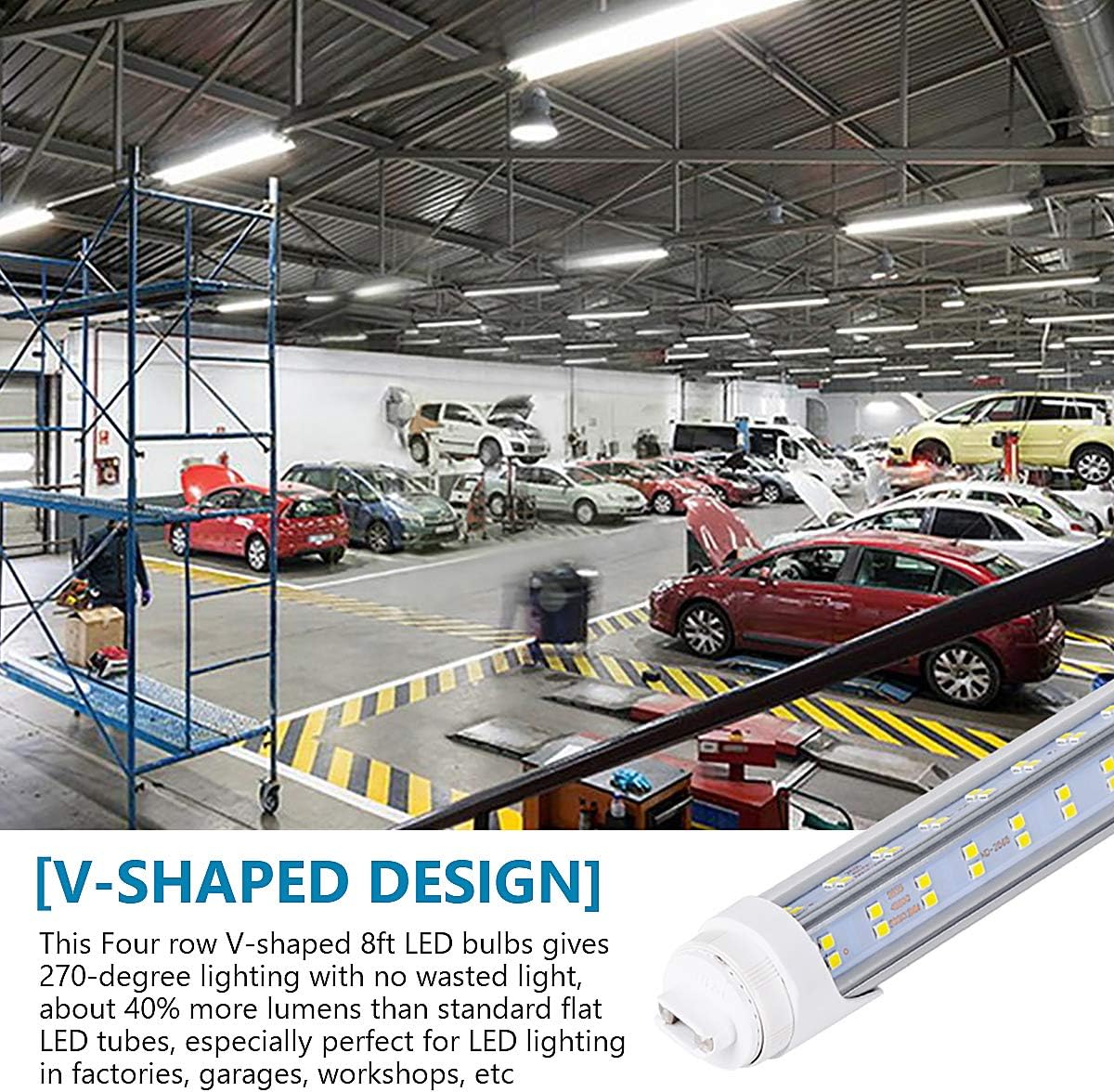 10PCS, LED Shop Light 8FT Tube, 2 Pin LED Tube Lights 270 Degree Angle, V Shaped 4 Row LEDs,R17D HO Rotatable LED Bulb, 144W, Clear Cover, Cold White 6000k, Fluorescent Tube Replacement