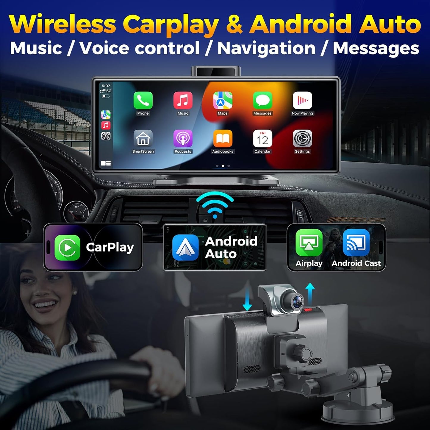 10.26" Wireless Apple CarPlay Android Auto Car Screen - Secure Strong Bracket, 4K Dash Cam, GPS Navigation, HD Touchscreen, AirPlay, Car Stereo, Fits All Vehicles