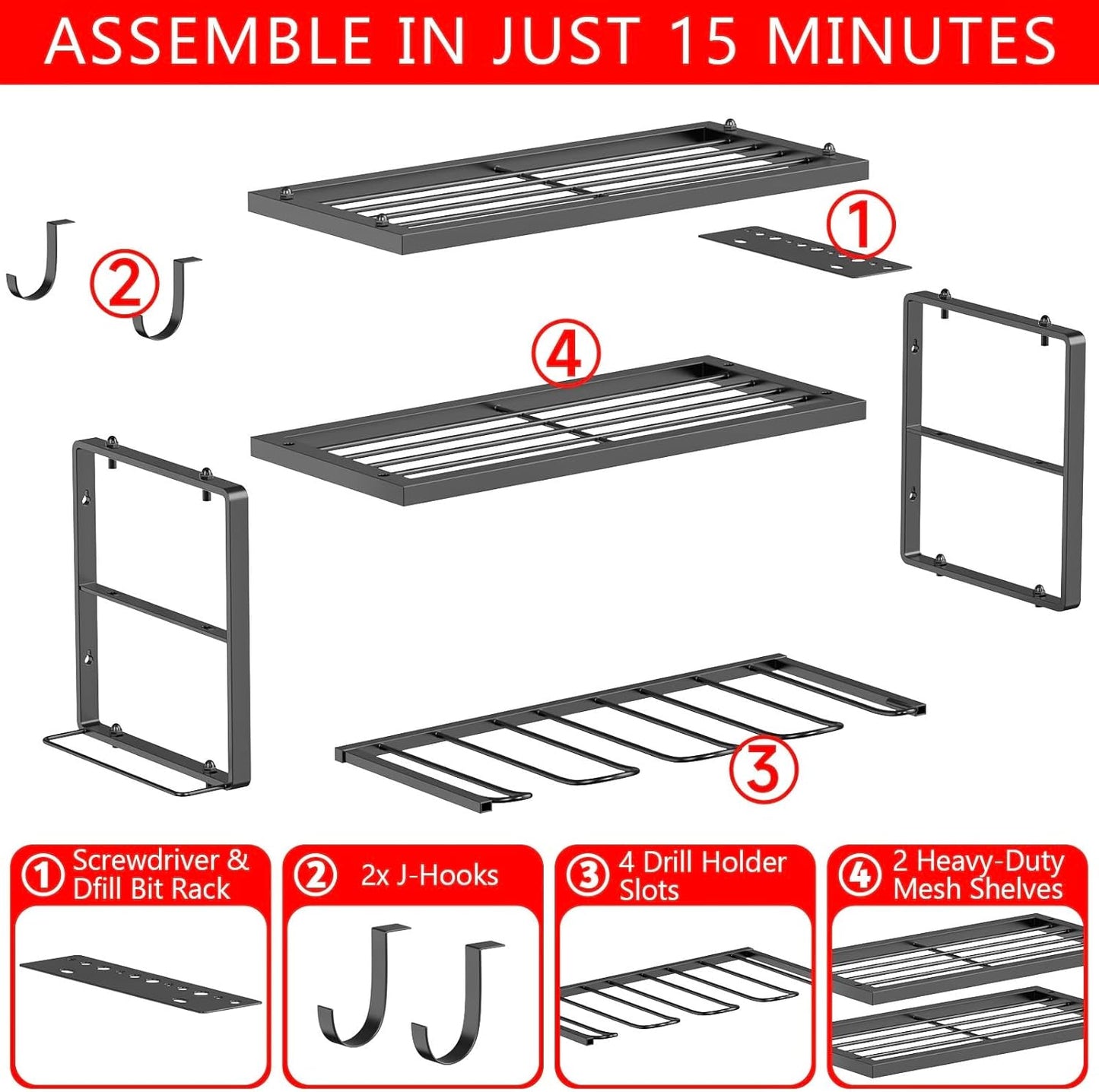 Heavy Duty Drill Holder & Power Tool Organizer Wall Mount, Metal Cordless Tool Organizer for Cordless Drill, Accessory Holder Rack Suitable for Workshop Garage (3 Tier 4 Drill Holder)