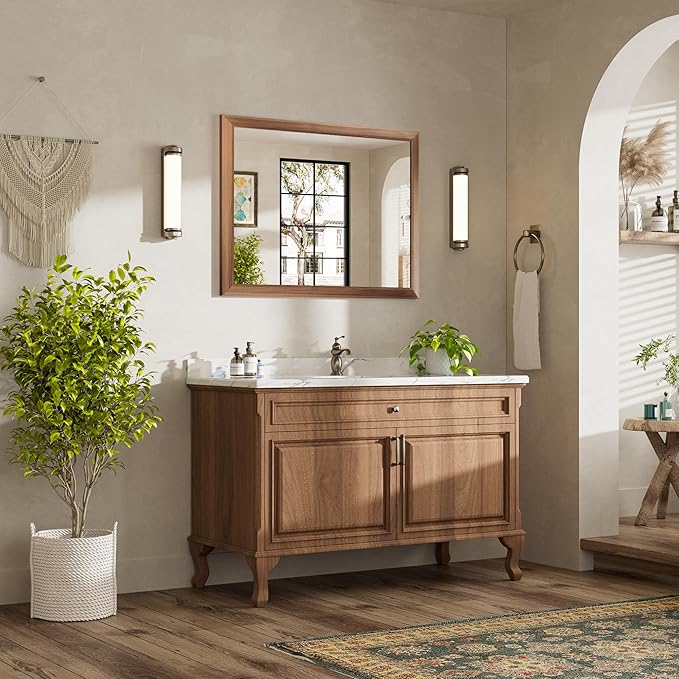40x30 Inch Bathroom Mirror for Wall, Anti-Rust Walnut Wood Grain Metal Framed - Image 3