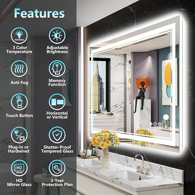 48x32 LED Bathroom Mirror with Lights, Backlit and Front Lit Anti-Fog Lighted - Image 2