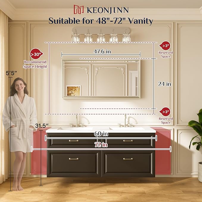 Keonjinn 48" x 24" Gold Bathroom Vanity Mirror, Brushed Gold Wall Mirrors Full - Image 5