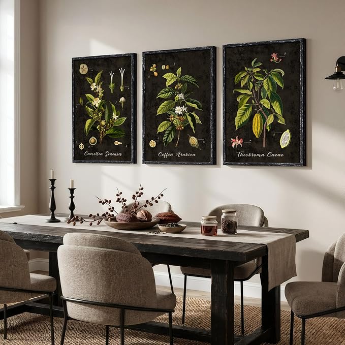 Large Vintage Framed Botanical Wall Art, 3 Piece Dark Green Plant Canvas Prints - Image 2