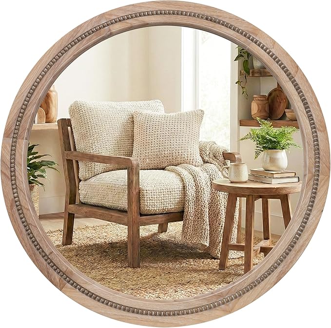 36" Large Round Wood Mirror for Living Room Fireplace, Big Solid Wood Wall by Pocetry