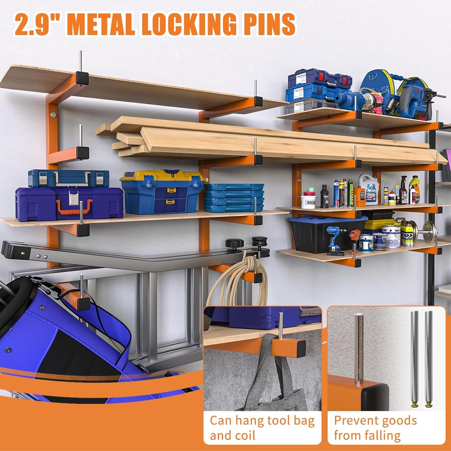 2-Pack Lumber Storage Rack, Wood Storage Racks Wall Mount, Heavy Duty Garage Wood Organizer With 4-Level System, Orange Utility Rack Organization Up 800 Lbs, Metal Lumber Shelf for Indoor and Outdoor