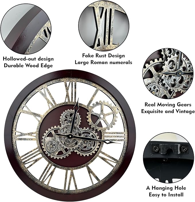 The B-Style Large Wall Clock 24 inch Moving Gear Wall Clock Oversized Vintage - Image 3