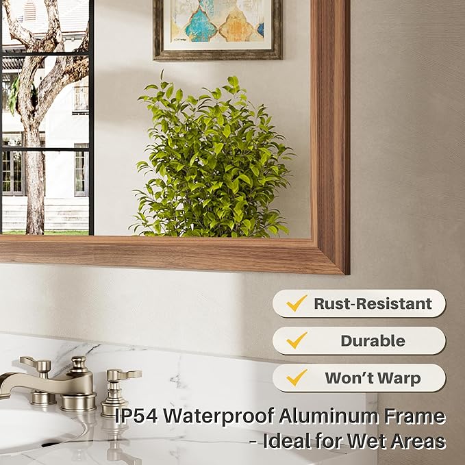 40x32 Inch Bathroom Mirror for Wall, Anti-Rust Walnut Wood Grain Metal Framed - Image 4
