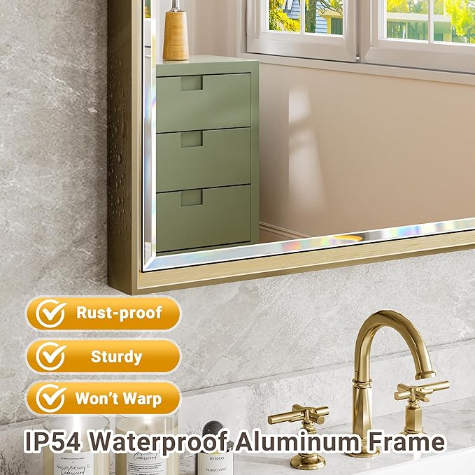 Gold Bathroom Mirror, 30x36 Brushed Gold Bathroom Mirror Beveled Edge, - Image 4