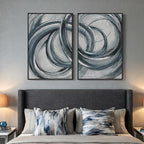 Framed Blue Gray Abstract Wall Art Set of 2, Modern Circle Line Canvas Artwork - Image 8