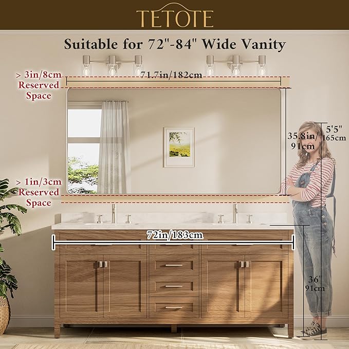 TETOTE 72 x 36 Inch Brushed Nickel Bathroom Mirror - Image 8