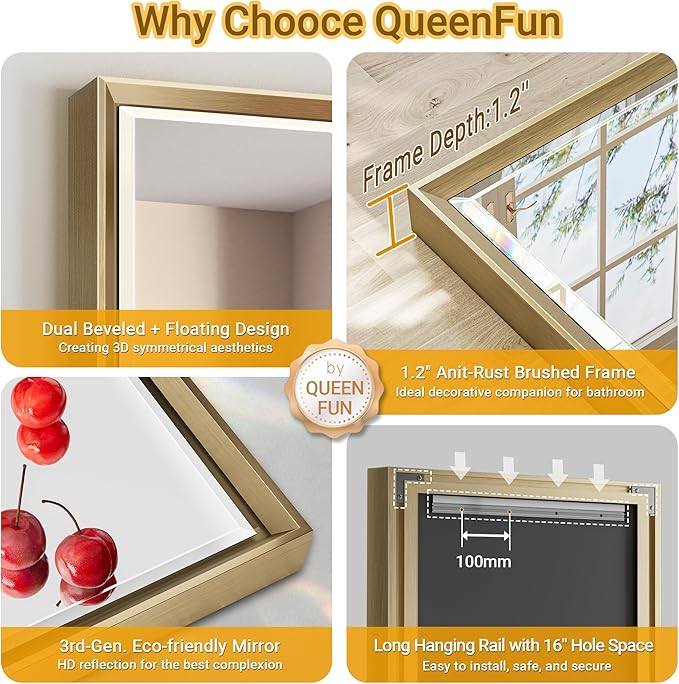 Gold Bathroom Mirror, 30x36 Brushed Gold Bathroom Mirror Beveled Edge, - Image 8