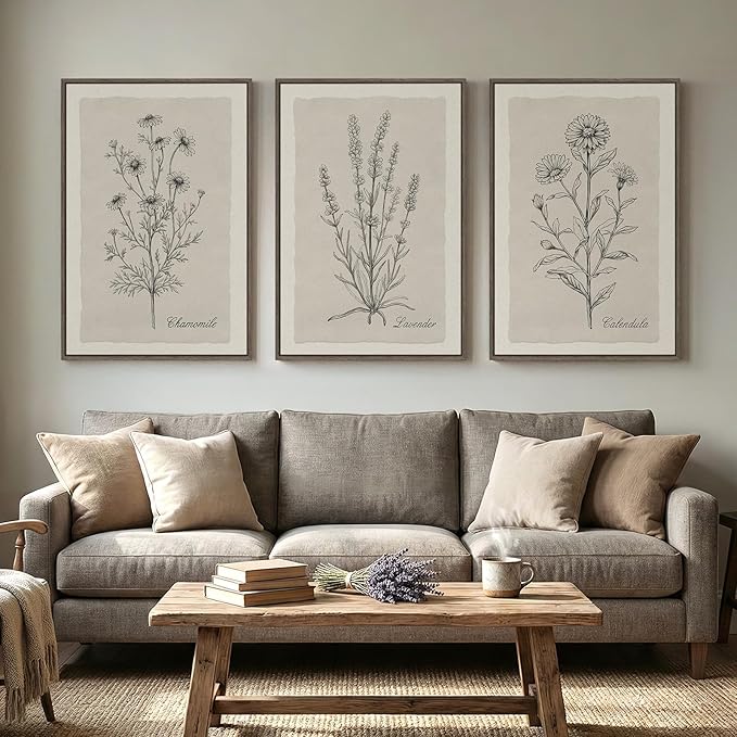 Framed Farmhouse Botanical Canvas Wall Art Set of 3, Large Vintage Neutral - Image 6