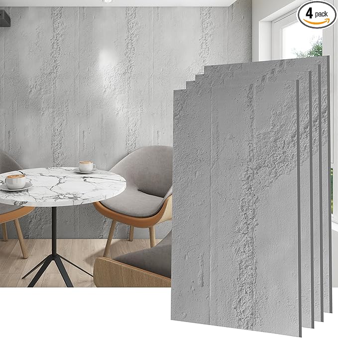 KASARO PU 3D Wall Panels Cement Texture, 4 Pieces Wainscoting Panel Accent by KASARO