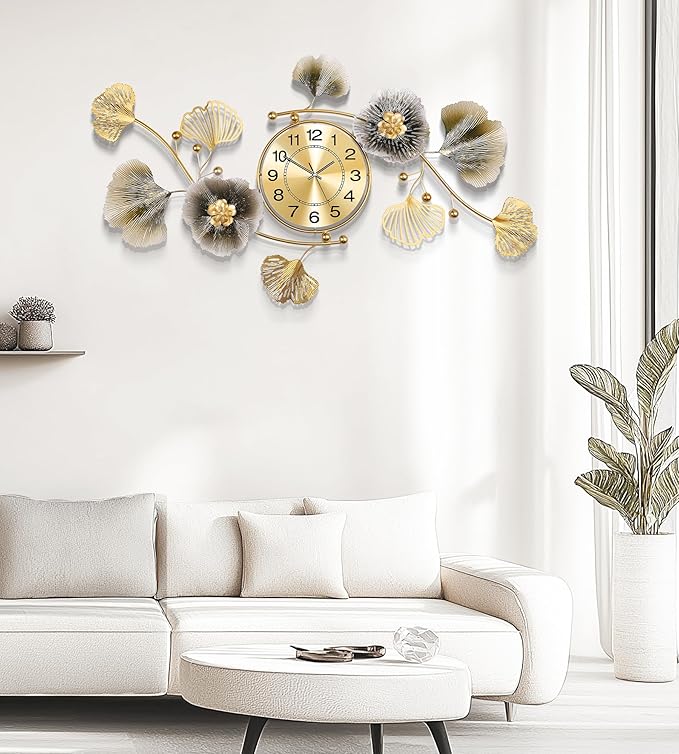 Wall Clocks for Living Room Decor, Large Wall Clock, 3D Creative Metal Ginkgo - Image 7