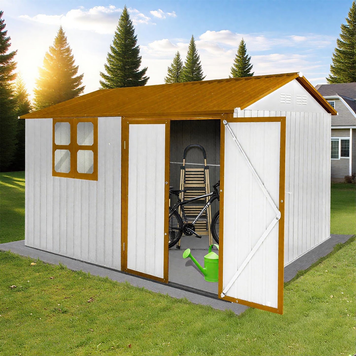 10 x 8 FT Outdoor Storage Shed, Metal Garden Tool Shed with Slooping Roof, Lockable Doors and Windows, Easy to Assemble for Garden, Patio, Lawn, White+Yellow