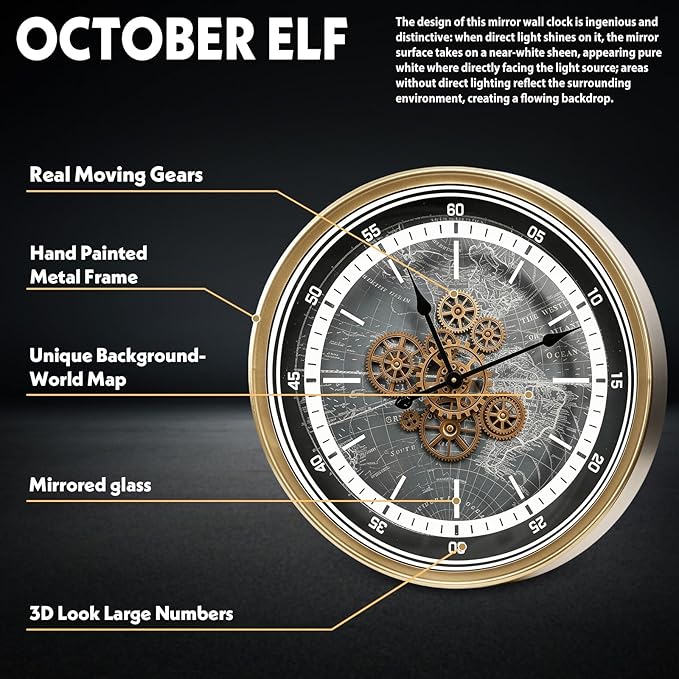 October Elf Large Real Moving Gears Wall Clock 24 Inch Vintage Industrial - Image 4