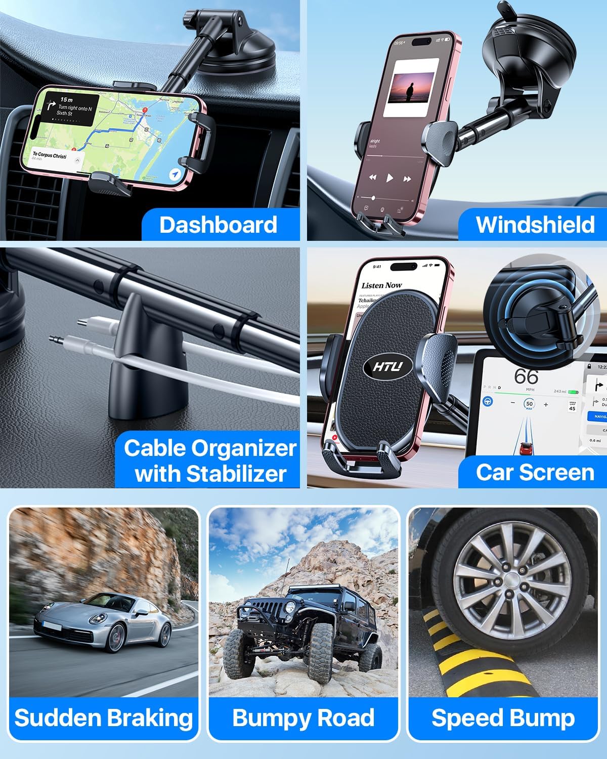 HTU 【Military-Grade Suction】 2025 Cell Phone Holder for Car【Flexible Telescopic Arm】 Car Phone Mount Stand for Dashboard Windshield for iPhone 16 Pro Max 15 14 13 12 Samsung Truck Jeep, Black