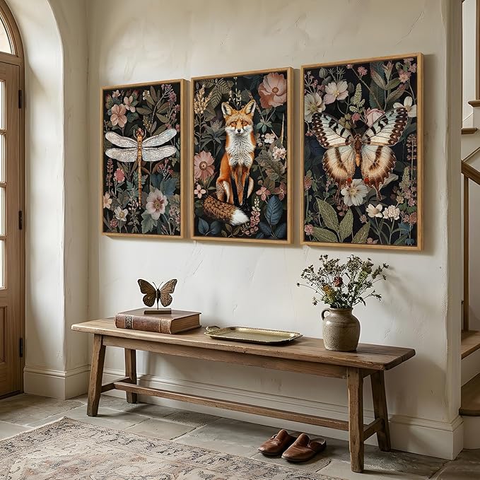 Framed Vintage Botanical Animal Wall Art Set of 3, Dark Floral Butterfly - Image 2