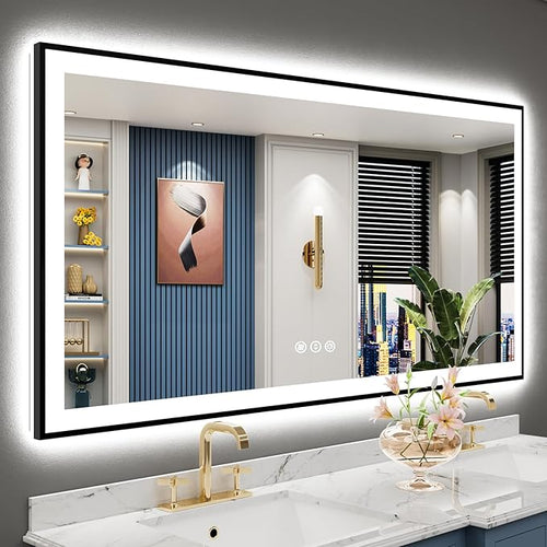 60x30 Black Framed LED Bathroom Mirror by Awandee