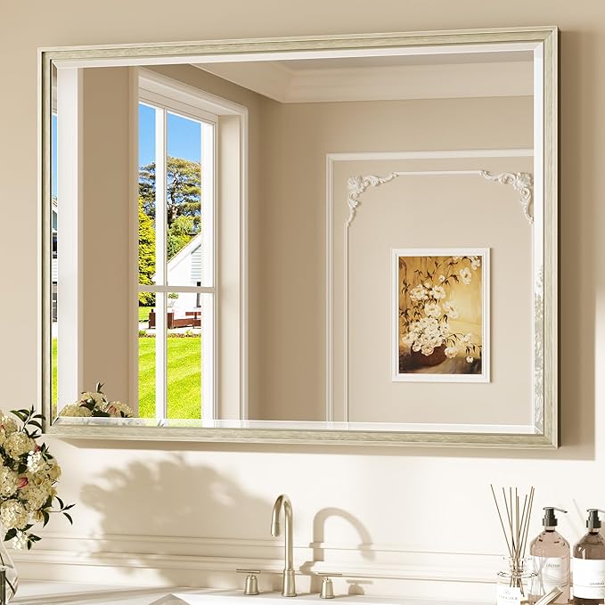 Keonjinn 40" x 30" Brushed Nickel Bathroom Vanity Mirror, Beveled Tempered Glass by Keonjinn