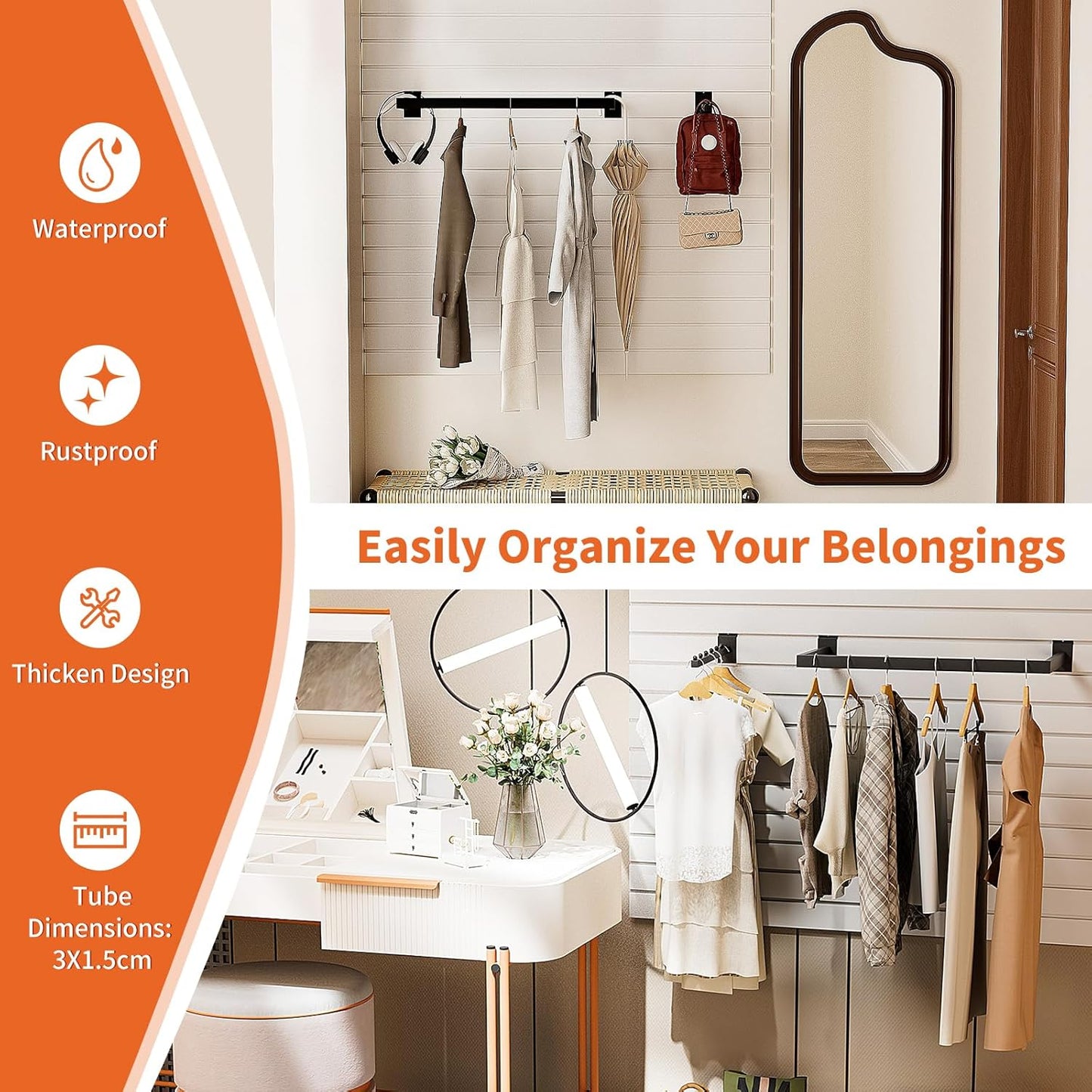 12 Pack Slatwall Accessories Kit with U-Shaped Rectangular Tubing Hangrails and Waterfall Display Hanger, Slatwall Hooks and Hanger for Clothing Retail, Merchandise Display