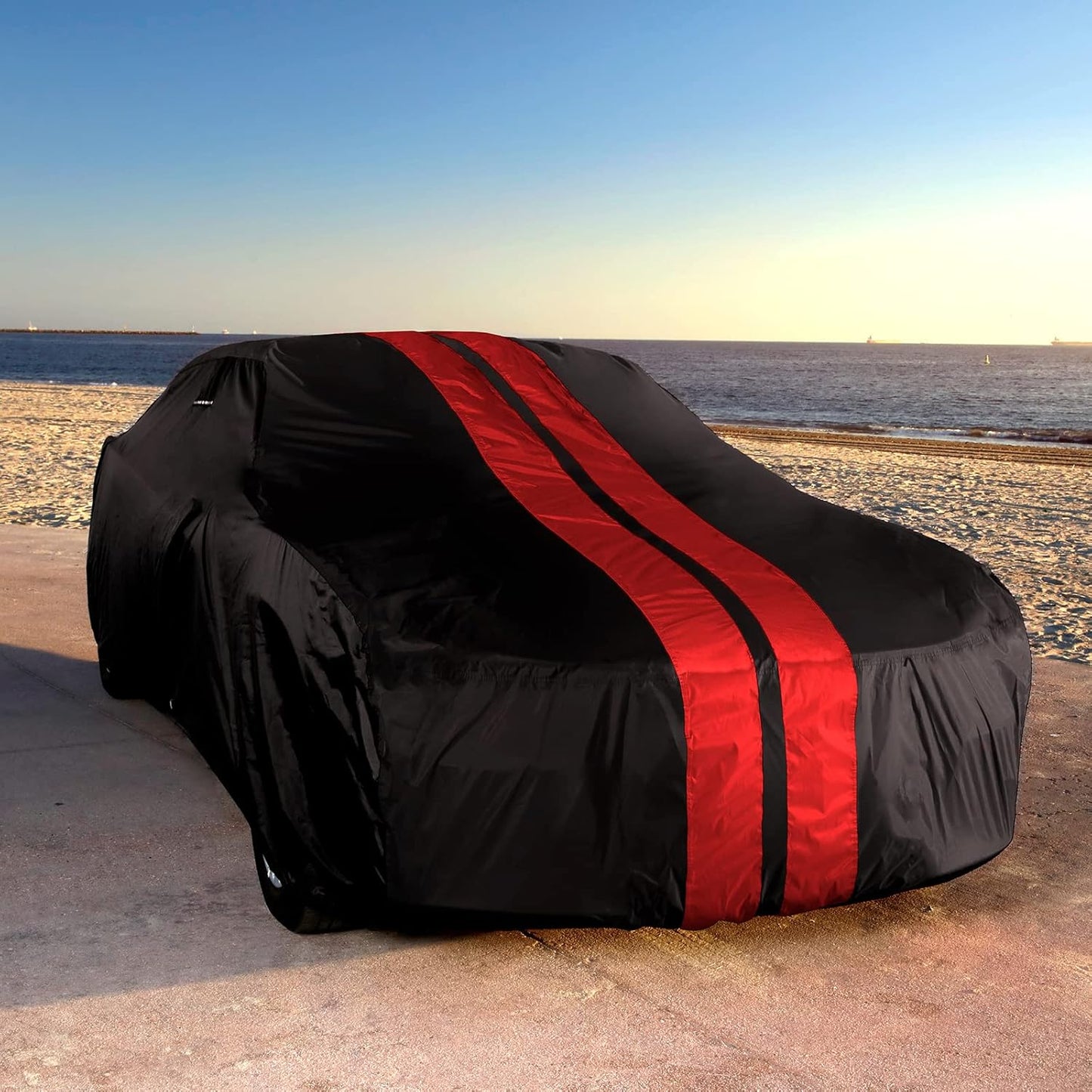 iCarCover Custom Car Cover for 1979-2004 Ford Mustang Waterproof All Weather Rain Snow UV Sun Protector Full Exterior Indoor Outdoor Car Cover (Stripe - Black/Red)