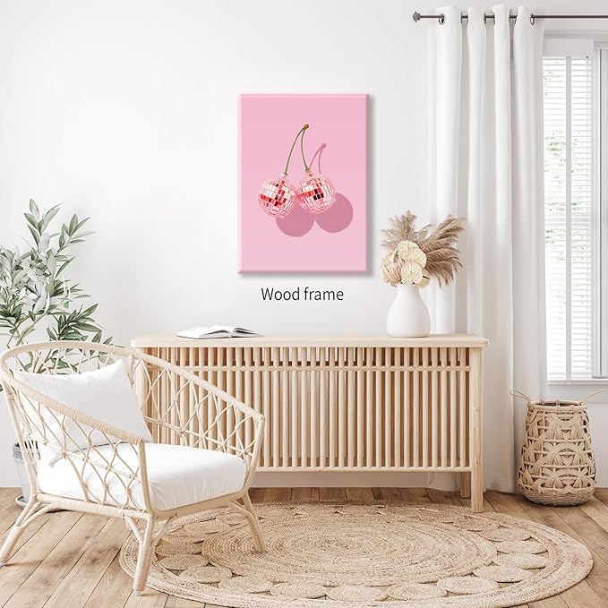 Funky Pink Cherry Poster Retro Disco Ball Canvas Wall Art 24X36 inch Framed - Image 5