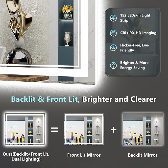 36x36 LED Bathroom Mirror with Lights, Backlit and Front Lit Anti-Fog Lighted - Image 3