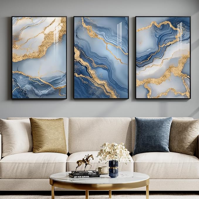Large Framed Abstract Wall Art for Living Room, Modern Luxury 3 Piece Blue Gold by Cuspin