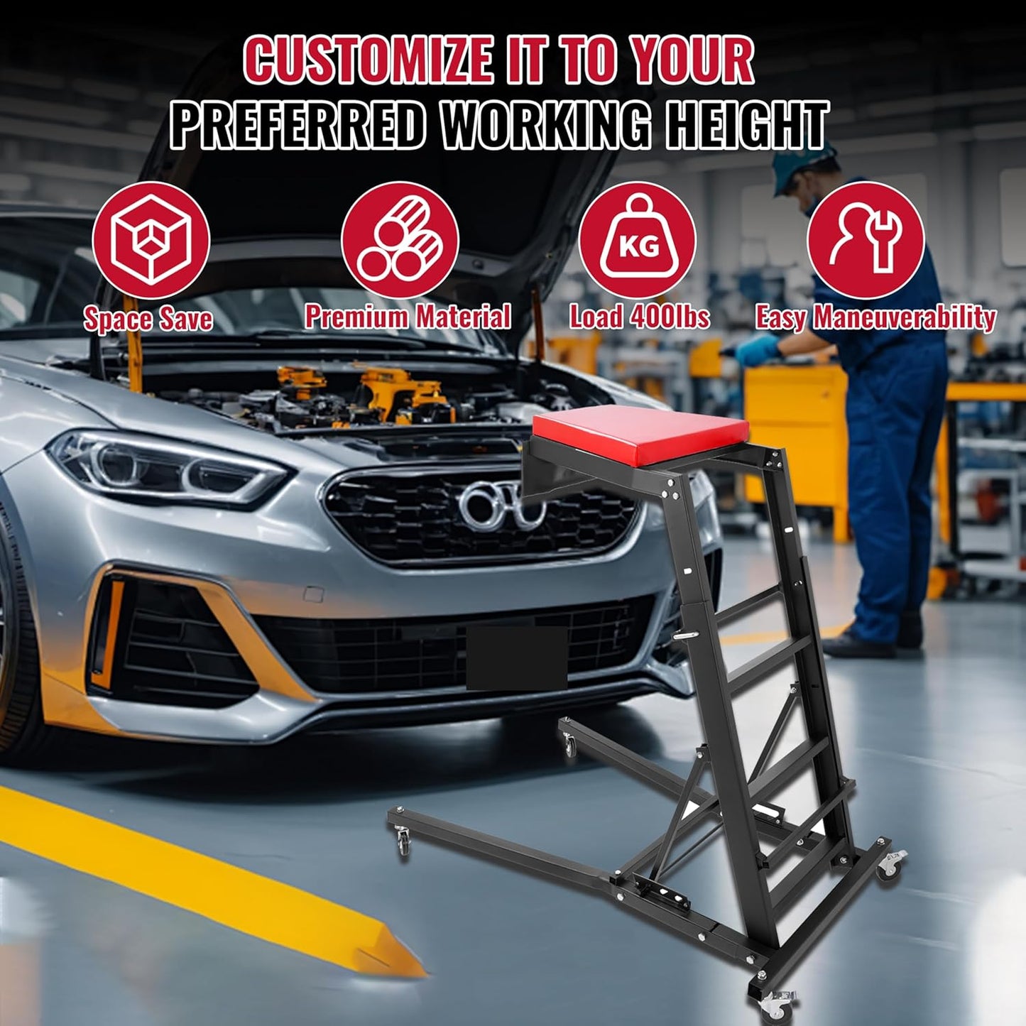 HECASA Top Automotive Creeper Easily Access Repair Engines, 50"-67" Adjustable and Foldable with 4 Swivel Caster Wheels 400LBS Weight Capacity Black Powder Coated Steel