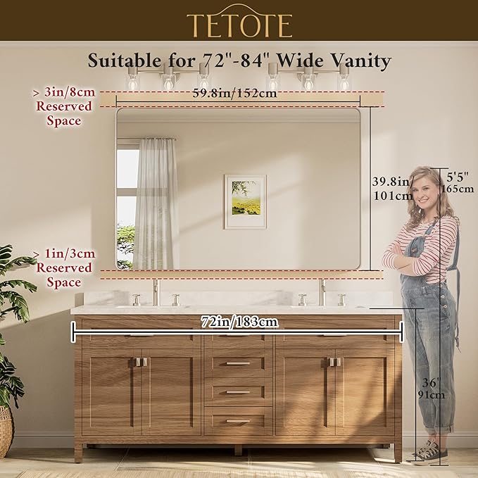 TETOTE 60 x 40 Inch Brushed Gold Frame Mirror, Brass Bathroom Vanity Mirror - Image 8