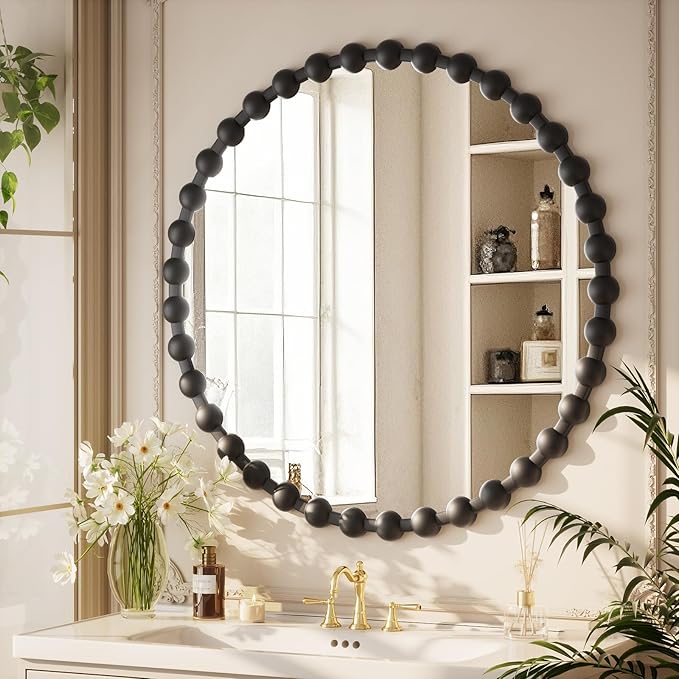 Easly Round Mirror for Wall, 32 Inch Black Beaded Frame Decorative Vanity Mirror - Image 2