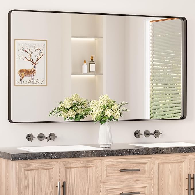 Keonjinn Black Bathroom Mirror, 55” x 30” Rounded Rectangle Sandblasted Finish by Keonjinn