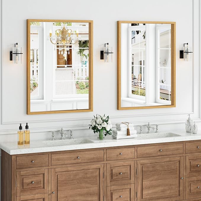 Syndra Natural Wood Frame Bathroom Mirror, 30x40'' Modern Vanity Mirror - Image 2