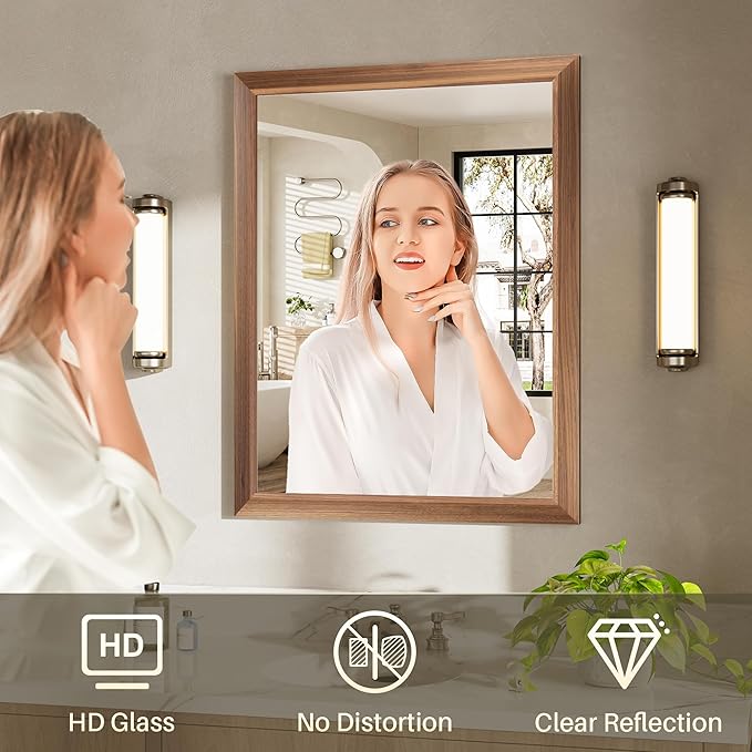 36x32 Inch Bathroom Mirror for Wall, Anti-Rust Walnut Wood Grain Metal Framed - Image 6